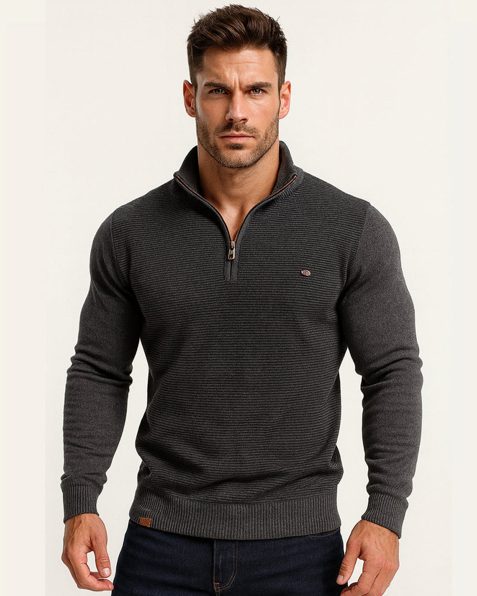 Men's comfortable knit half-zip pullover sweater. Soft, modern, long-sleeve design.