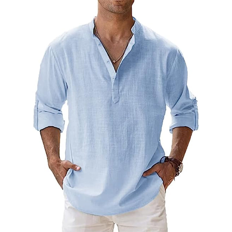 Men's versatile long sleeve Korean collar shirt, perfect for casual and smart casual occasions.