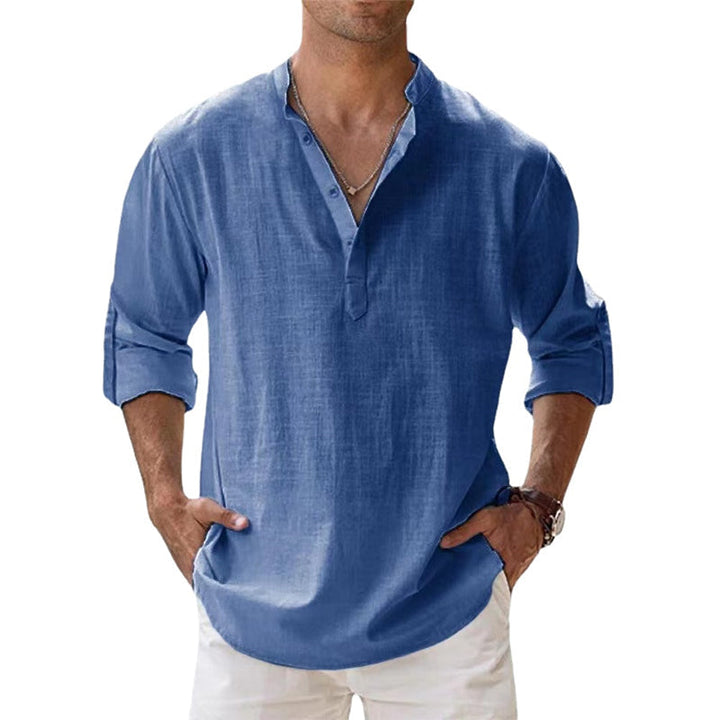 Comfortable men's long sleeve Korean collar shirt, lightweight with a relaxed fit for summer fashion.