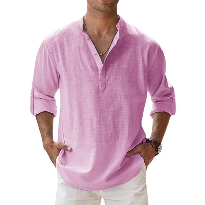 Stylish men's long sleeve Korean collar shirt, great for vacation wear & smart casual summer outfits.