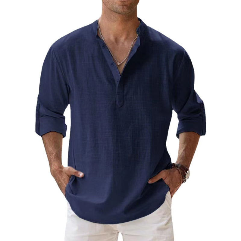 Man in a relaxed fit long sleeve Korean collar shirt, ideal for summer fashion & comfort.