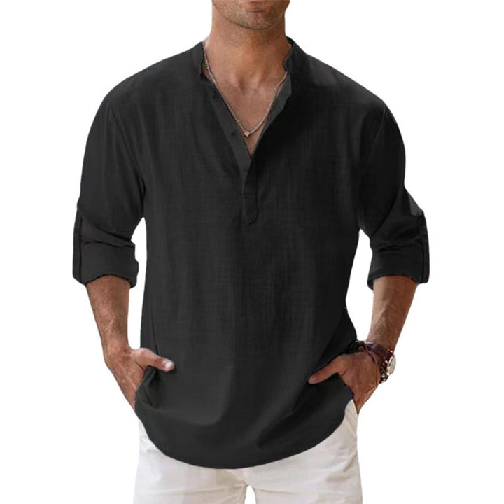 Detail of men's long sleeve Korean collar button-down shirt, showcasing its modern design.