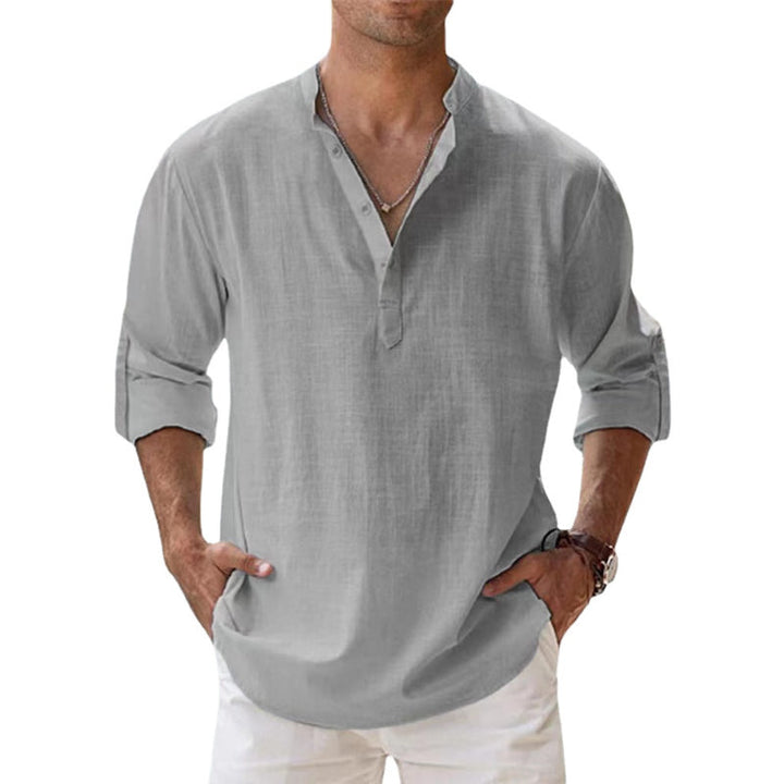 Versatile men's long sleeve Korean collar shirt, a comfortable button-down for everyday & vacation.
