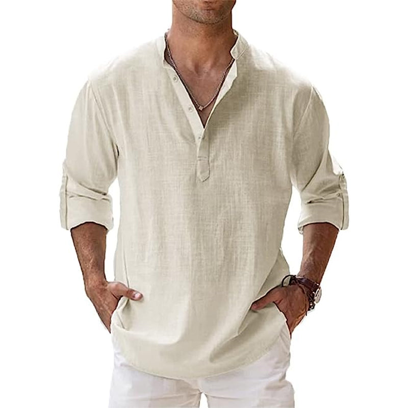 Lightweight men's long sleeve Korean collar shirt, offering comfort & style for warm weather.