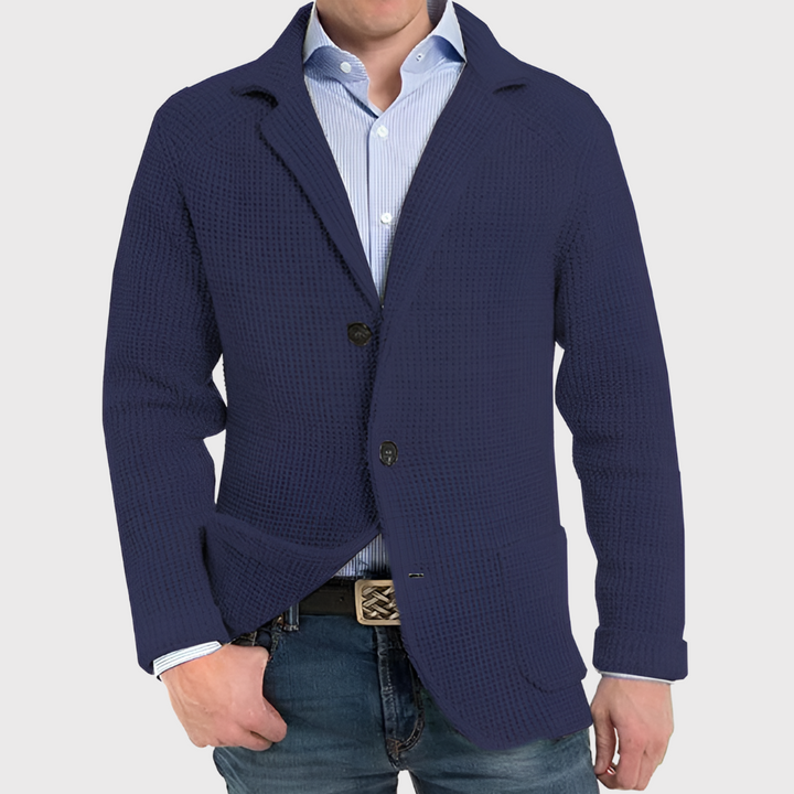 Men's versatile navy knit blazer cardigan with button-front closure, perfect for smart casual or layering in fall.