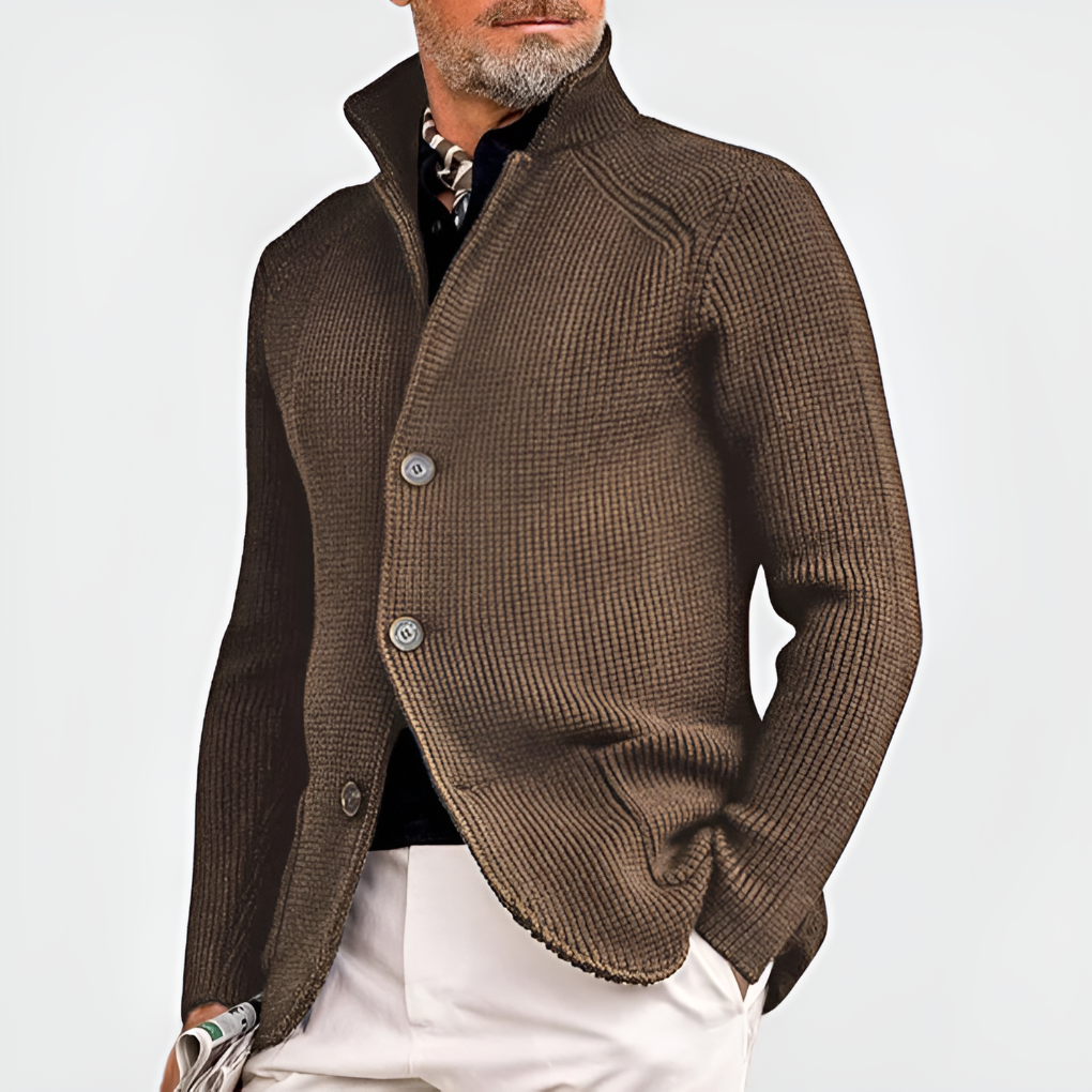 Stylish men's knit blazer cardigan, a versatile button-front layering piece for casual & smart casual menswear.