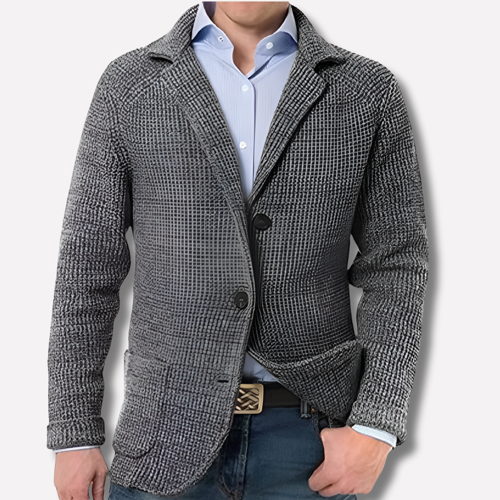 Comfortable long sleeve men's button-front knit cardigan, perfect as a lightweight blazer for fall & winter fashion.
