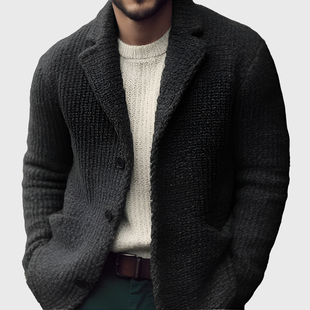 Modern men's knit blazer cardigan in grey, featuring a button-front design for versatile casual and smart wear.
