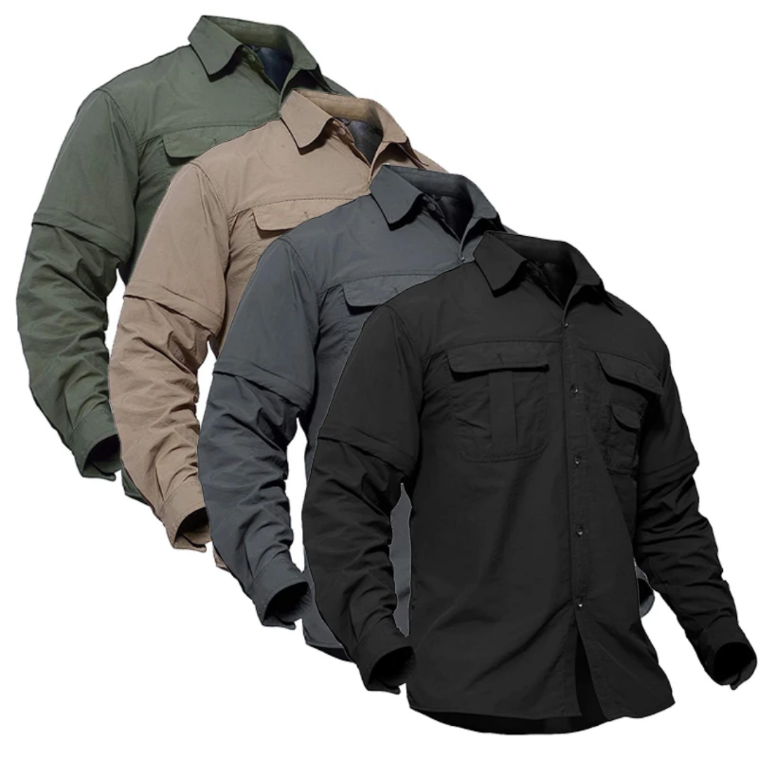 Men's versatile zip-off outdoor adventure shirt for hiking.