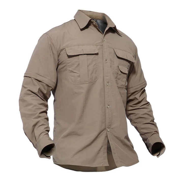 Convertible men's quick-dry trail shirt with sun protection.