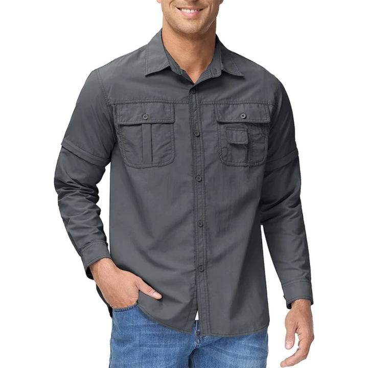 Quick-dry men's adventure shirt with convertible sleeves, great for hiking.