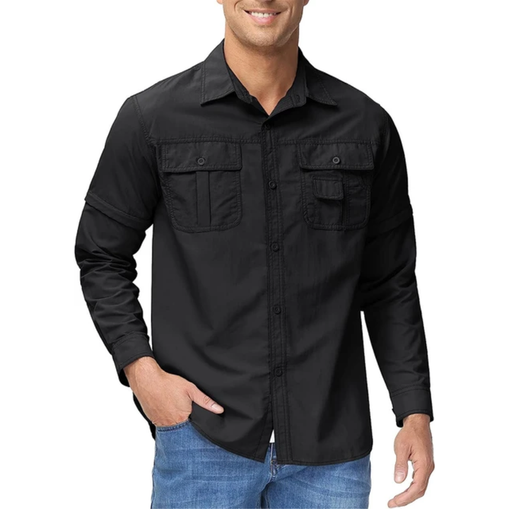 Zip-off men's shirt for hiking & camping, offering versatility.