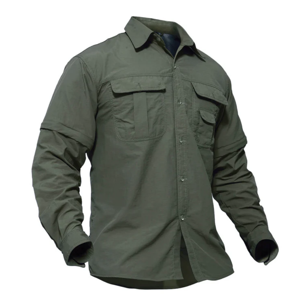 Convertible men's trail shirt, ideal for hiking, camping, & travel.