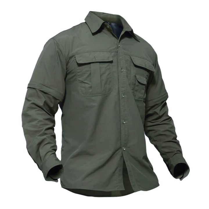 Convertible men's trail shirt, ideal for hiking, camping, & travel.