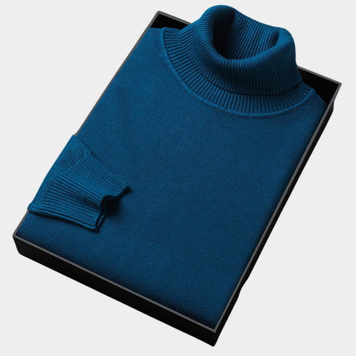 Close-up: Men's vibrant knit turtleneck, showcasing rich color & texture for stylish wear.