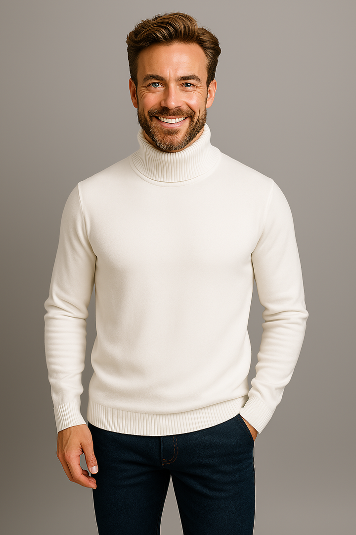 Man wearing a vibrant knit slim fit turtleneck sweater, a stylish piece for modern menswear.