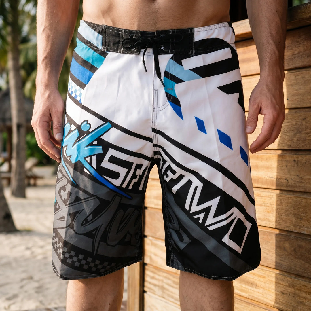 Men's vibrant printed swim trunks, quick-dry fabric for beach & pool, essential summer fashion.