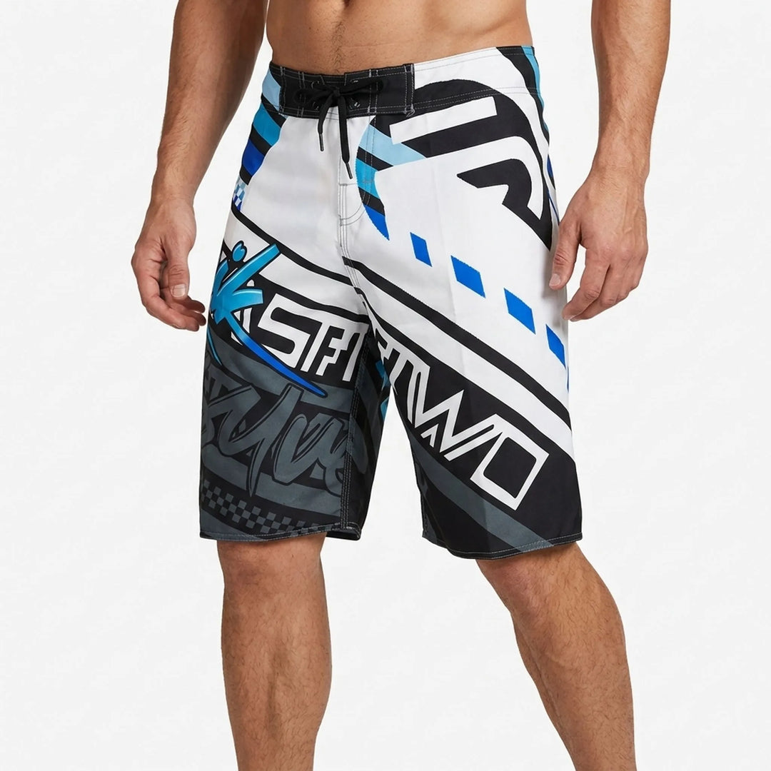 Stylish men's quick-dry printed beach shorts, vibrant pattern, perfect for summer vacation.