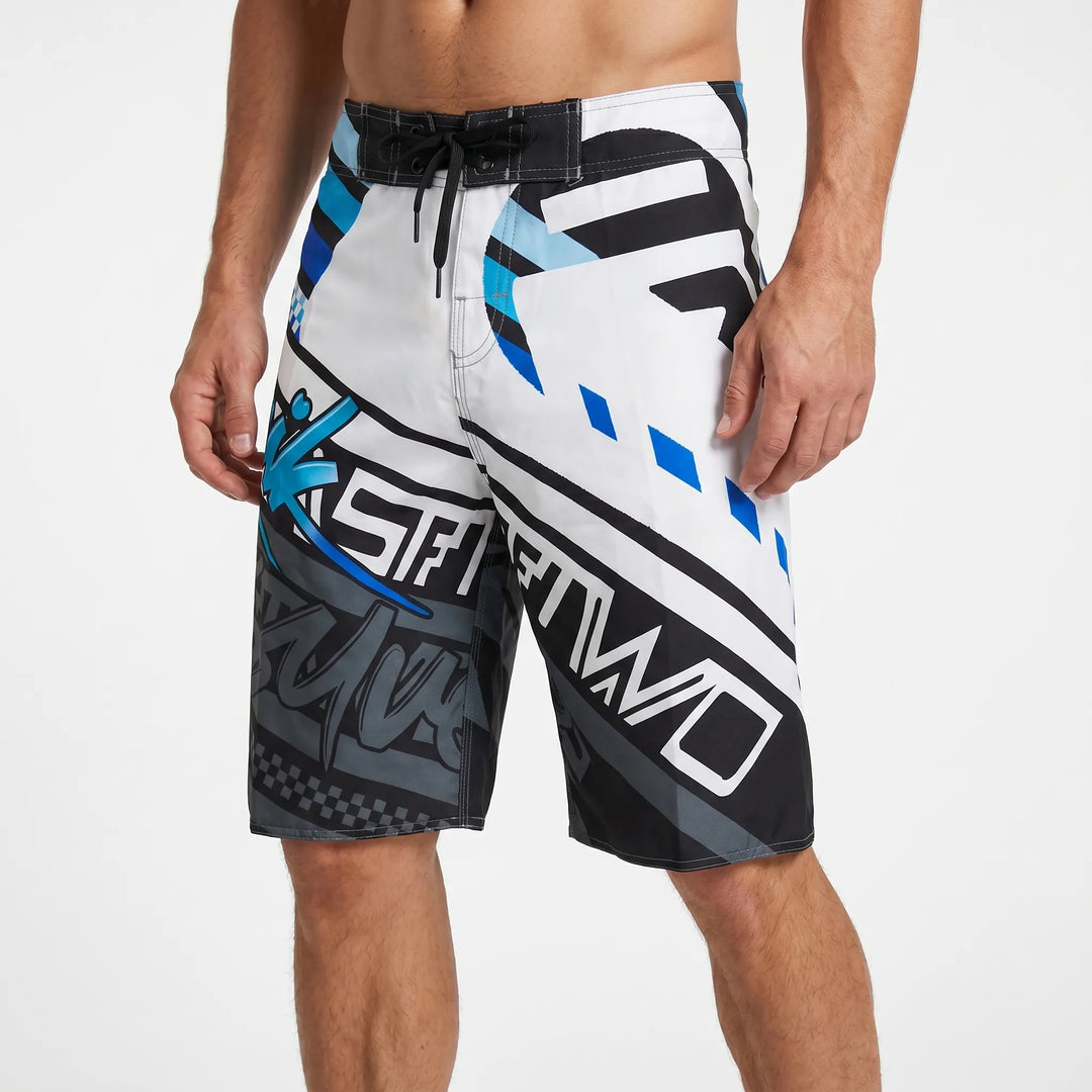 Men's quick-dry lace-up swim trunks, vibrant print, perfect for pool and beach activities.