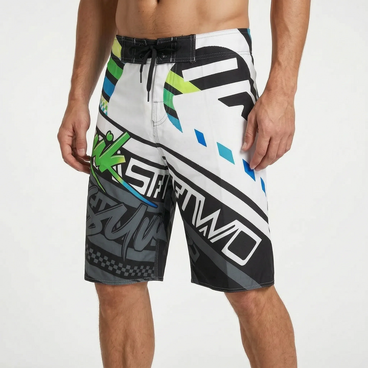 Comfortable men's quick-dry printed swim shorts, vibrant summer fashion for the beach.