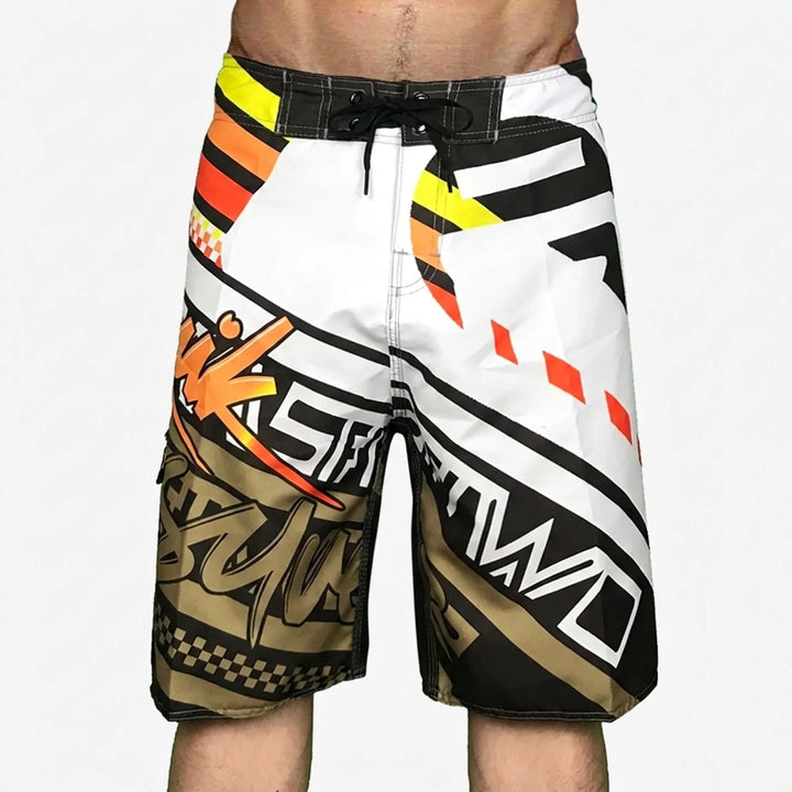 Durable men's printed swimwear, quick-dry and vibrant, great for active pool or beach days.