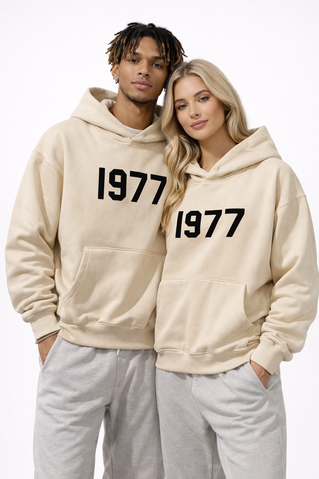 Full view of men's vintage 1977 streetwear hoodie. Raglan sleeves, comfortable, retro urban style.
