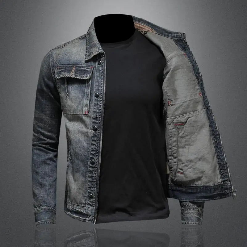 Stylish men's retro denim jacket, vintage wash. Casual button-up outerwear for men's fashion & transitional wear.