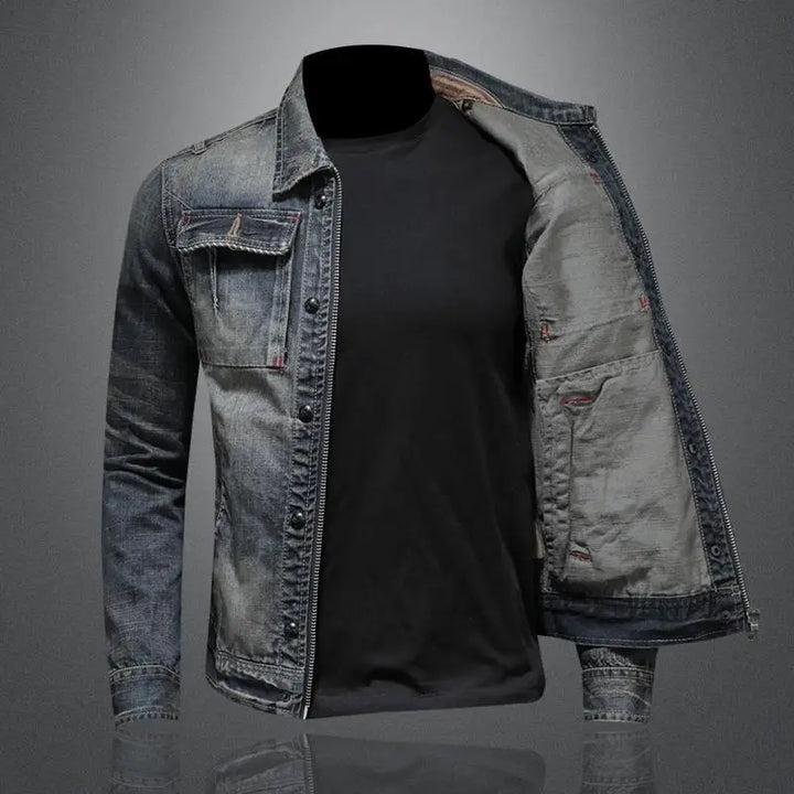 Stylish men's retro denim jacket, vintage wash. Casual button-up outerwear for men's fashion & transitional wear.