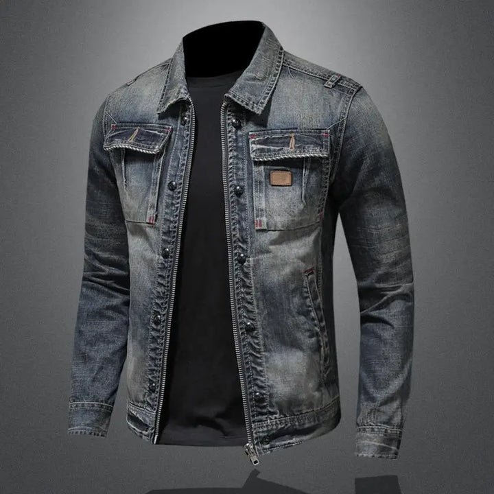 Classic men's vintage denim jacket, durable and timeless. Essential retro outerwear for versatile casual style.