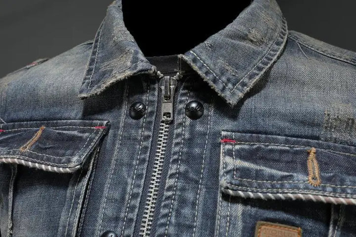 Men's vintage denim jacket with retro button-up detail. Casual outerwear, ideal for classic everyday fashion.