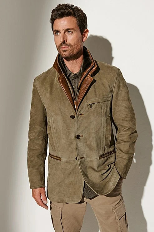 Men's vintage khaki jacket with a stylish reversed collar, perfect for timeless smart-casual fashion.