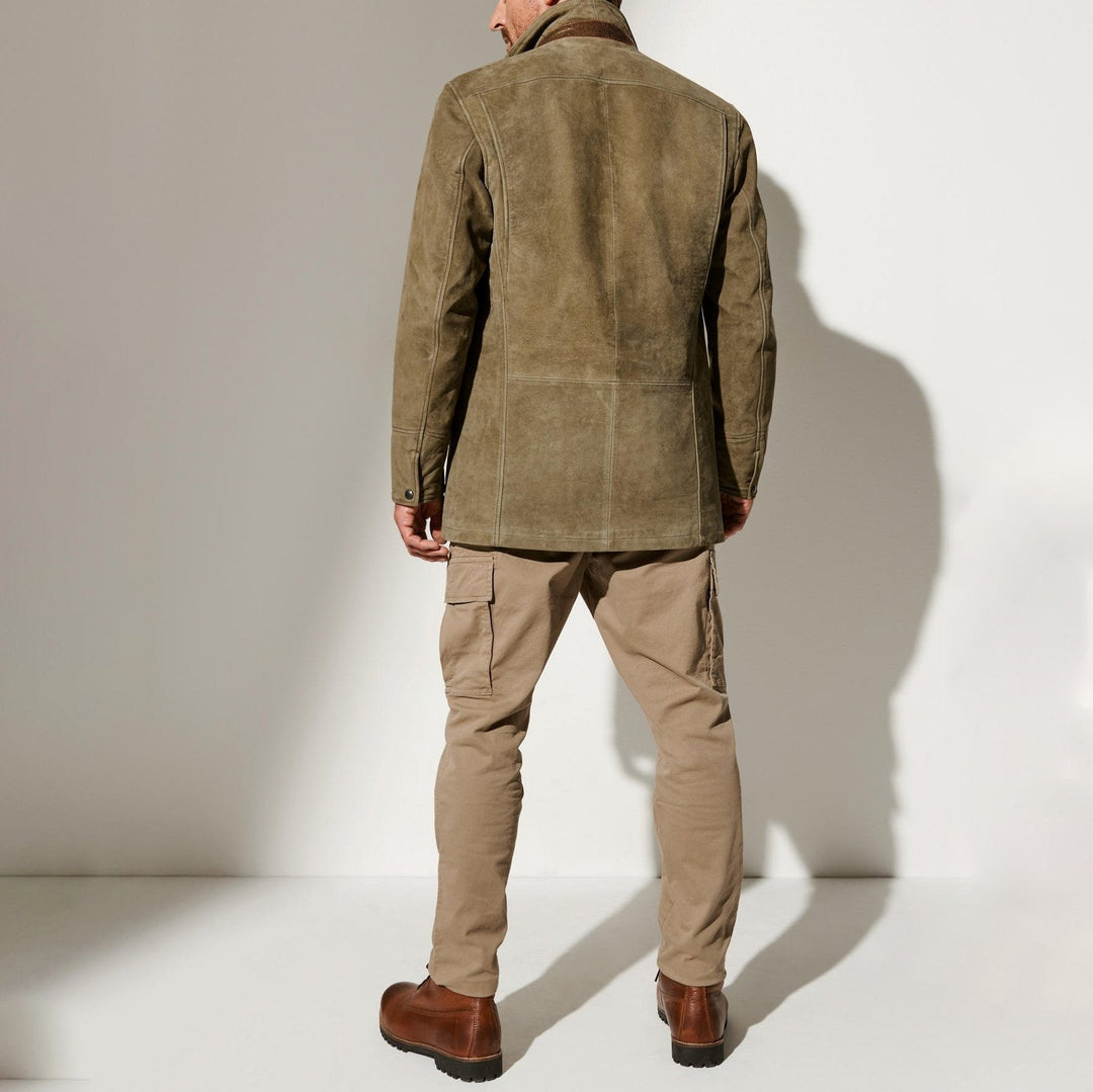 Khaki men's vintage-style jacket, featuring a unique reversed collar for a sophisticated yet casual look.