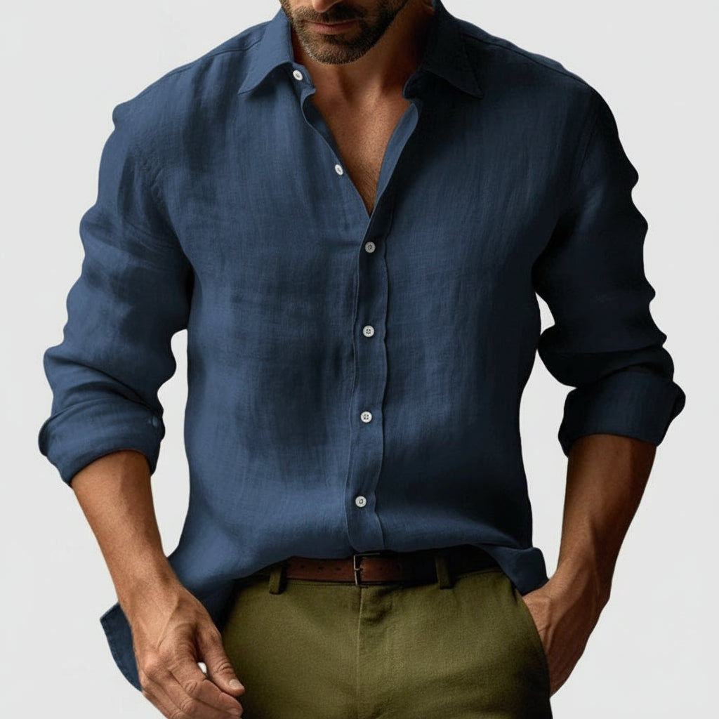 Fashionable men's vintage button-up shirt, long-sleeve, showcasing classic smart-casual elegance.