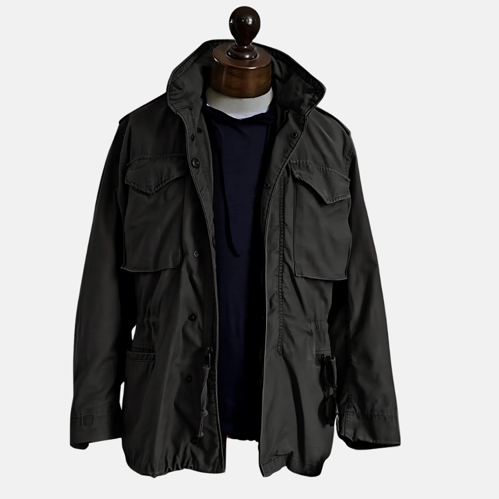 Men's vintage military field jacket in durable green. Rugged, stylish outerwear for all-season casual wear.