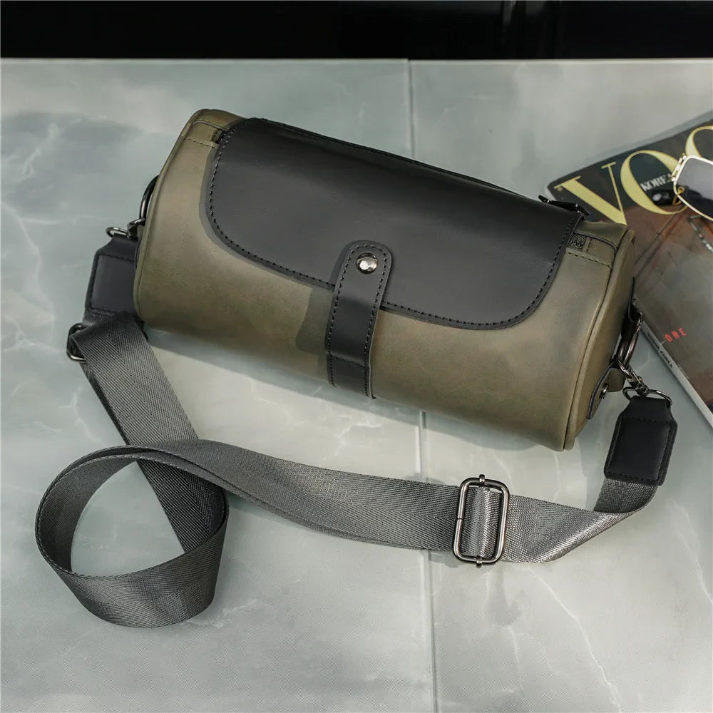 Classic men's vintage PU leather barrel shoulder bag, elegant crossbody for daily use.