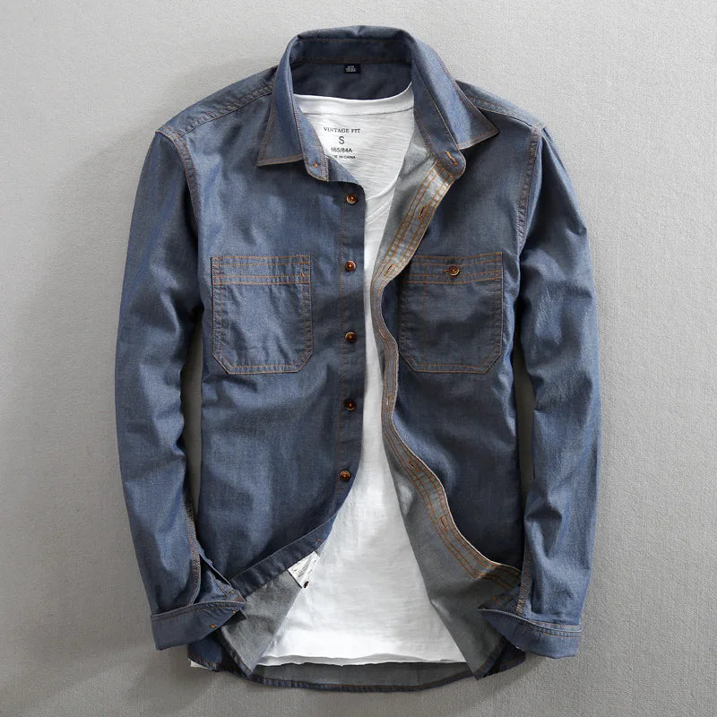 Men's vintage urban style button-up shirt with dual chest pockets. Casual & durable for everyday wear.