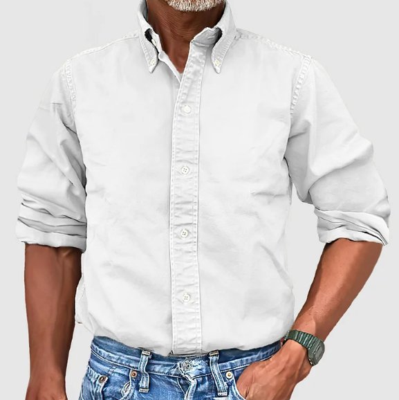 Men's vintage wash button-down shirt, relaxed fit, long sleeve for casual or business casual comfort.