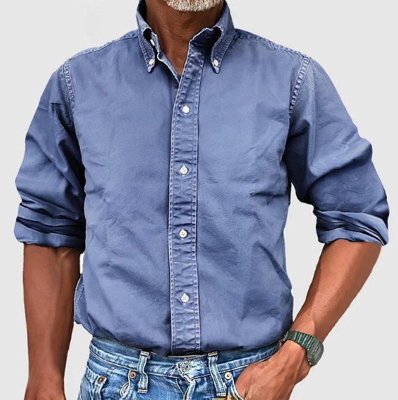 Relaxed fit men's long-sleeve button-down shirt, vintage wash, great for casual and business casual.