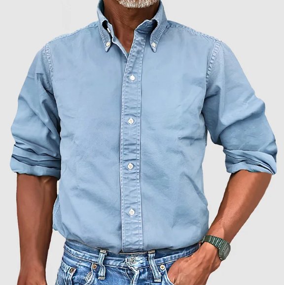 Men's vintage wash long-sleeve button-down shirt. Relaxed fit for classic, everyday comfort.