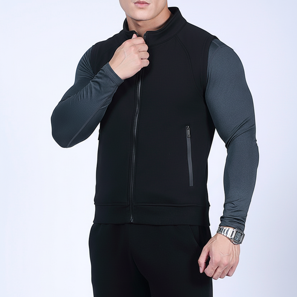 Durable men's fleece vest, ideal activewear for chilly weather, providing warmth without bulk.