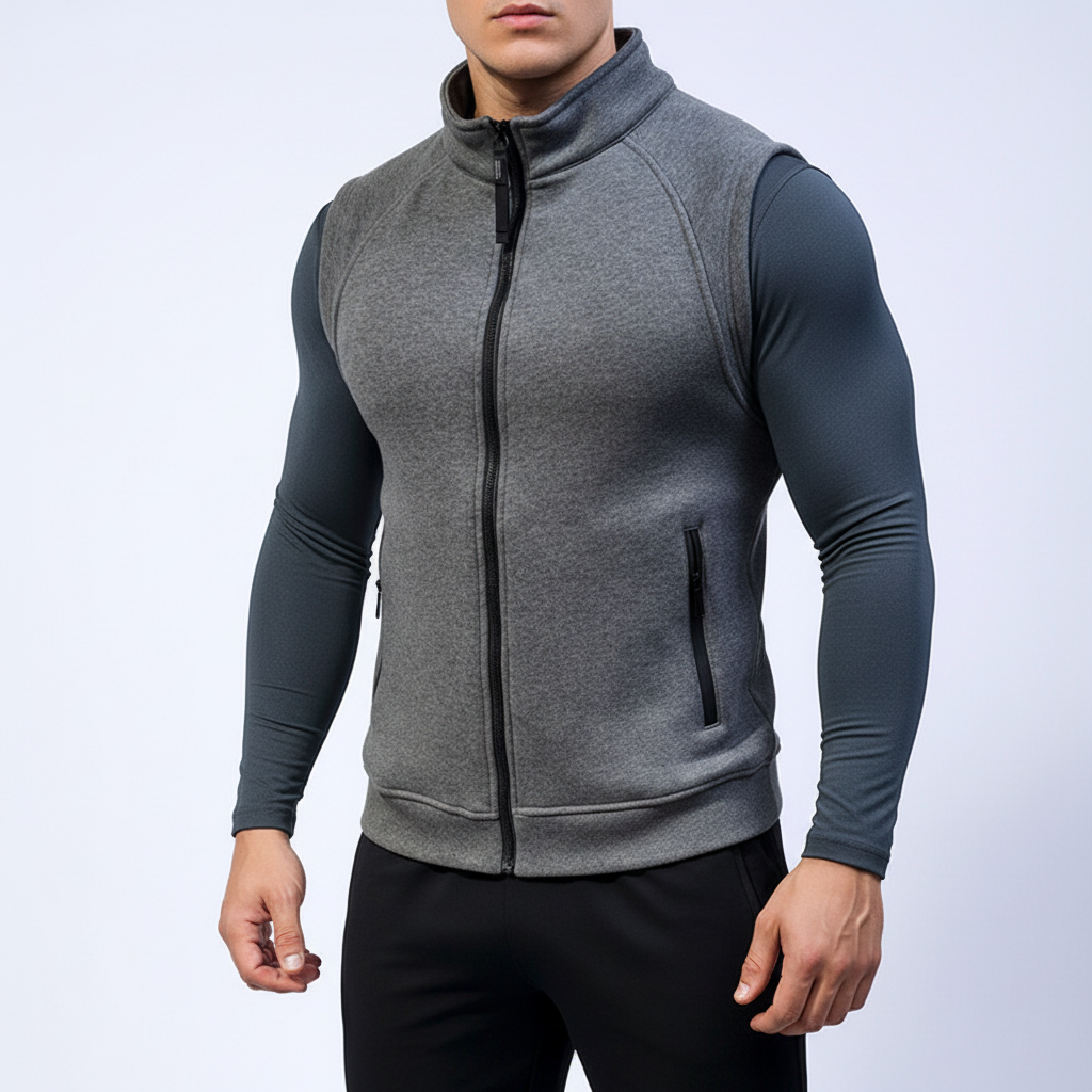 Men's performance outdoor vest, fleece-lined for superior warmth during athletic pursuits & active lifestyles.