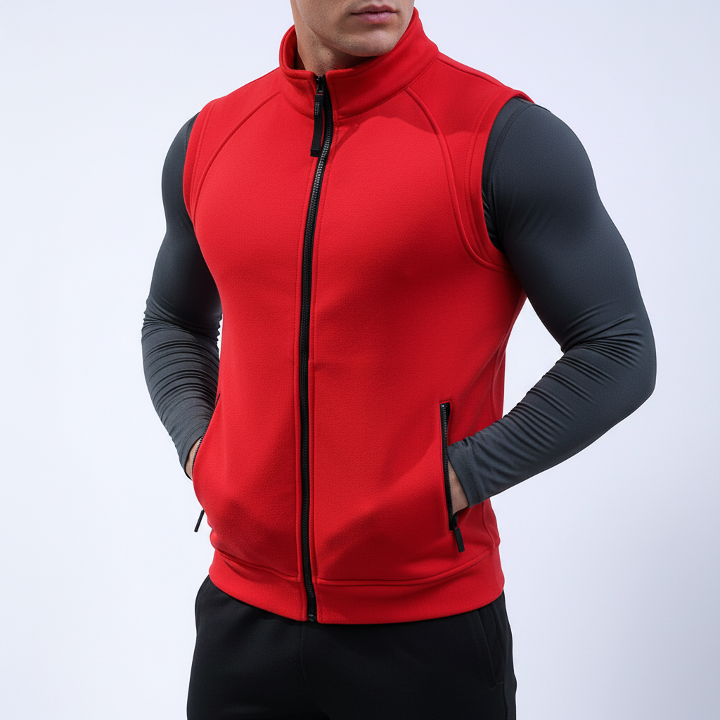 Close-up of a men's versatile athletic fleece vest, showcasing its quality, warmth, and comfortable design.