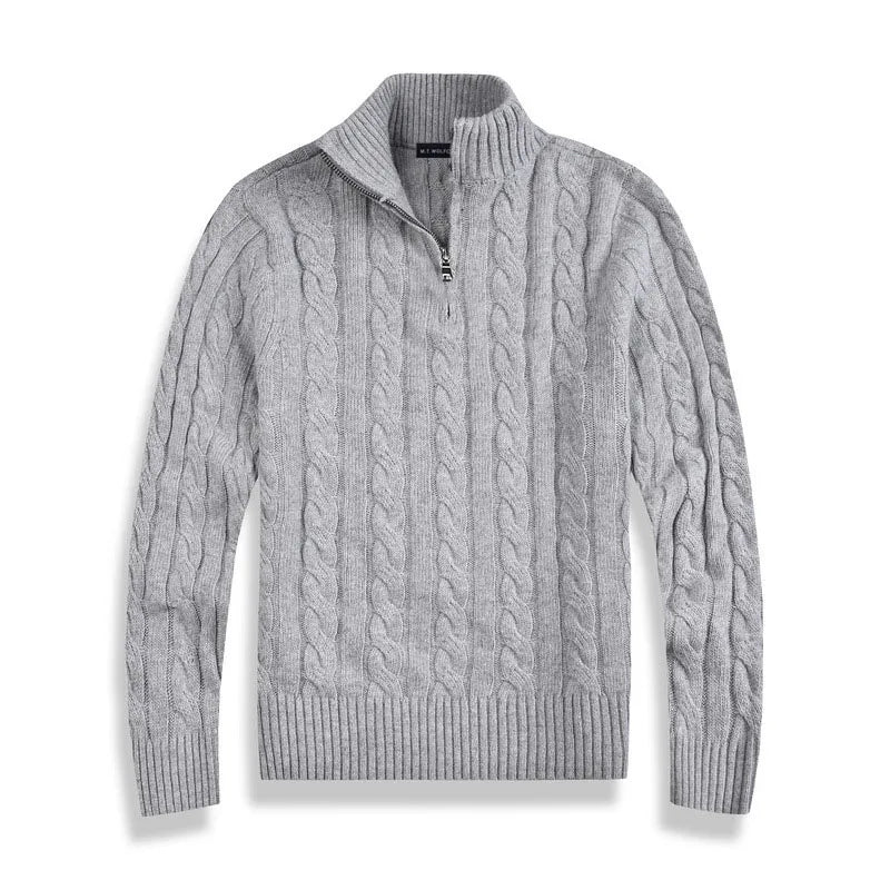 Gray men's casual half-zip pullover sweater with a cozy textured knit, perfect for winter.