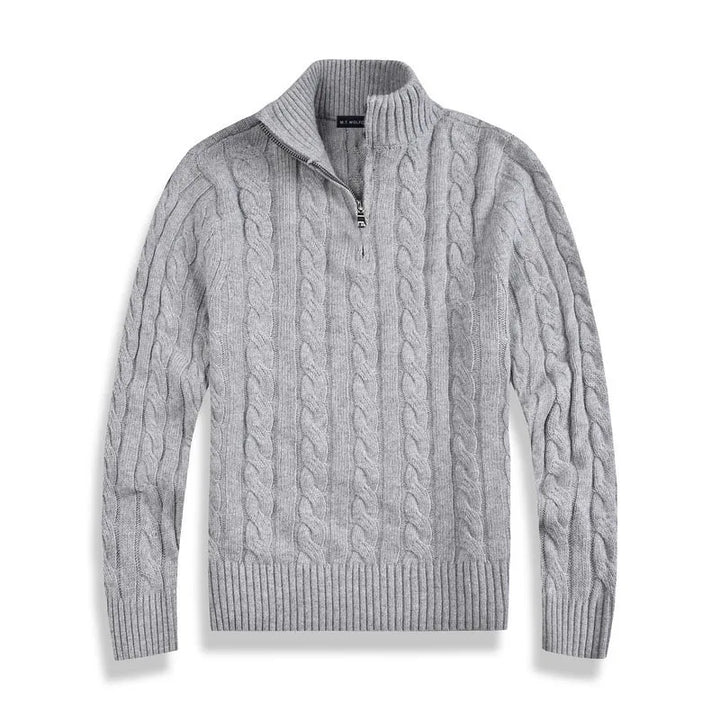 Gray men's casual half-zip pullover sweater with a cozy textured knit, perfect for winter.