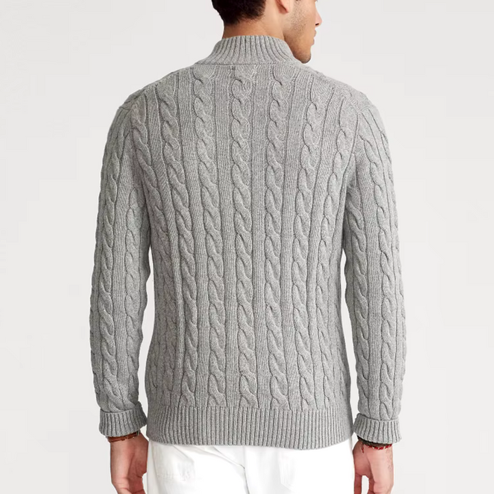 Light blue men's half-zip pullover sweater, warm and textured, great for casual winter layering.
