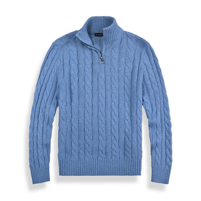 Dark blue men's textured half-zip pullover sweater, a warm casual essential for winter.