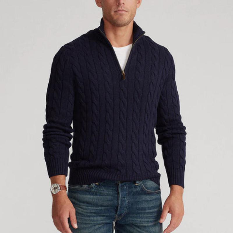 Beige men's warm half-zip pullover sweater, a versatile textured knit for winter casual wear.
