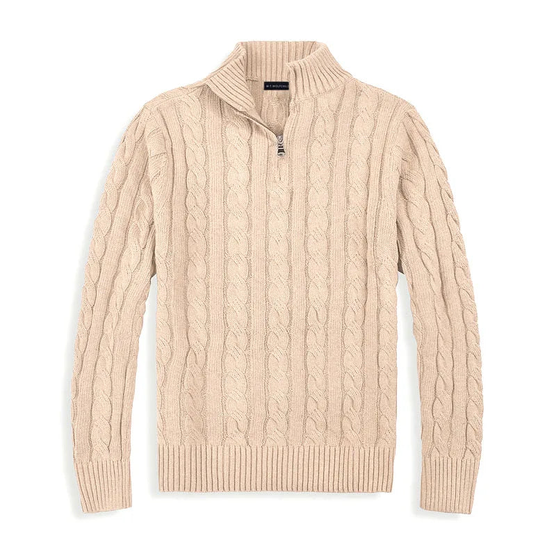 Comfortable men's half-zip pullover sweater, warm and textured, perfect for casual winter days.