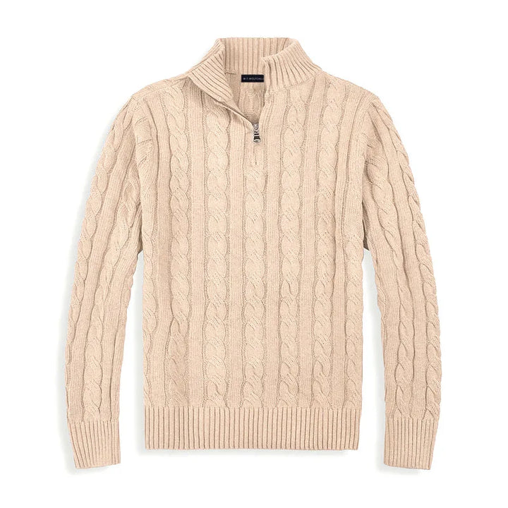 Comfortable men's half-zip pullover sweater, warm and textured, perfect for casual winter days.