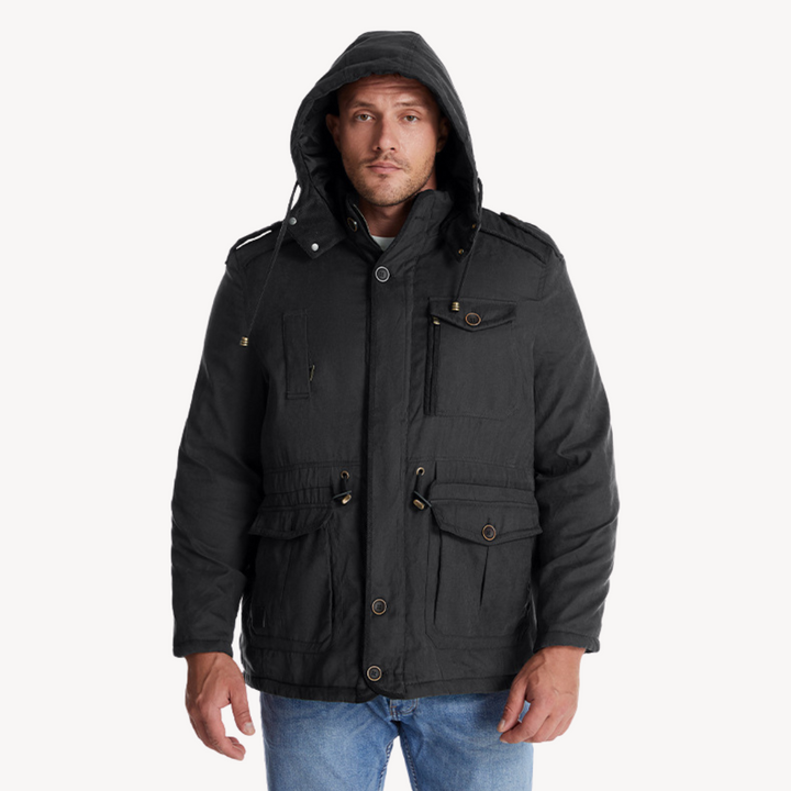 Men's warm hooded utility jacket, zip-through parka for outdoor winter adventures and fall outerwear.